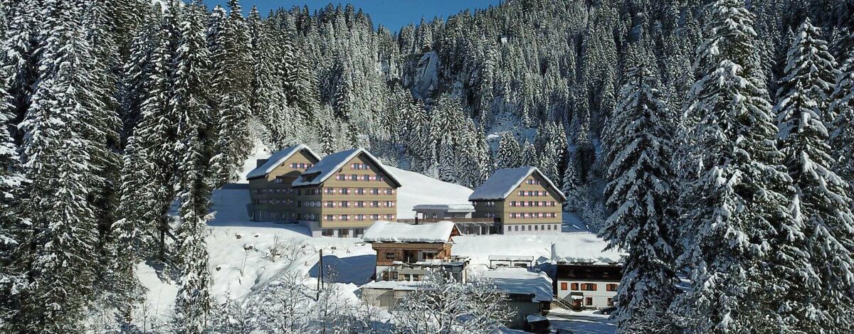 Ein Blick auf die wundersch&ouml;ne Landschaft Arlbergs mit schneebedeckten B&auml;umen.